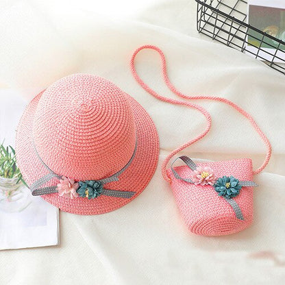 Baby Girls Summer Straw Hat & Handbag (Age 24M-7YRS) Hot Pink-Flower one size