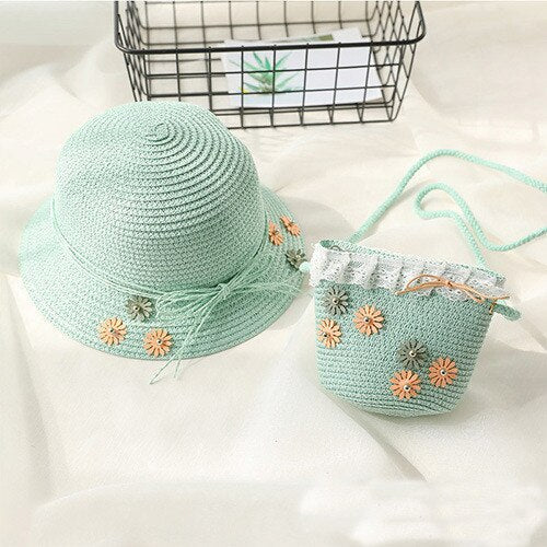 Baby Girls Summer Straw Hat & Handbag (Age 24M-7YRS) Blue one size