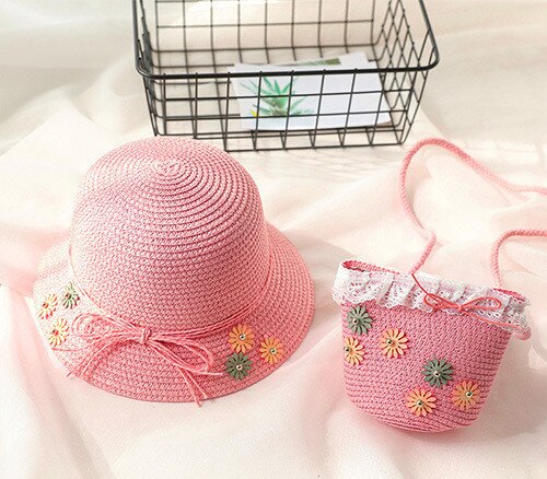 Baby Girls Summer Straw Hat & Handbag (Age 24M-7YRS) Hot Pink one size