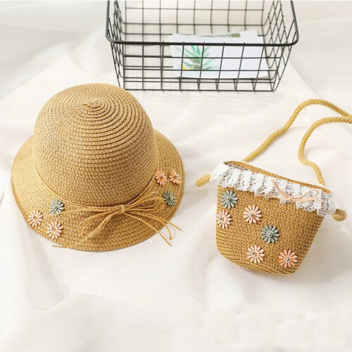 Baby Girls Summer Straw Hat & Handbag (Age 24M-7YRS) Coffee one size