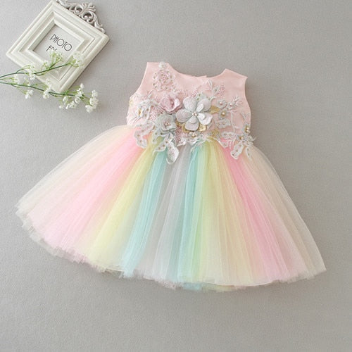 Baby Girls Embroidered Rainbow Tulle Dress - (Age 3m-24m) Rainbow