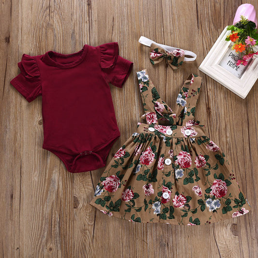 Baby Girls Burgundy Bodysuit & Floral Pinafore Dress Set (Age 6M-24M) Burgundy