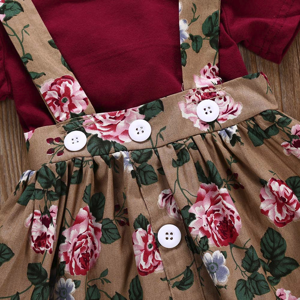 Baby Girls Burgundy Bodysuit & Floral Pinafore Dress Set (Age 6M-24M)