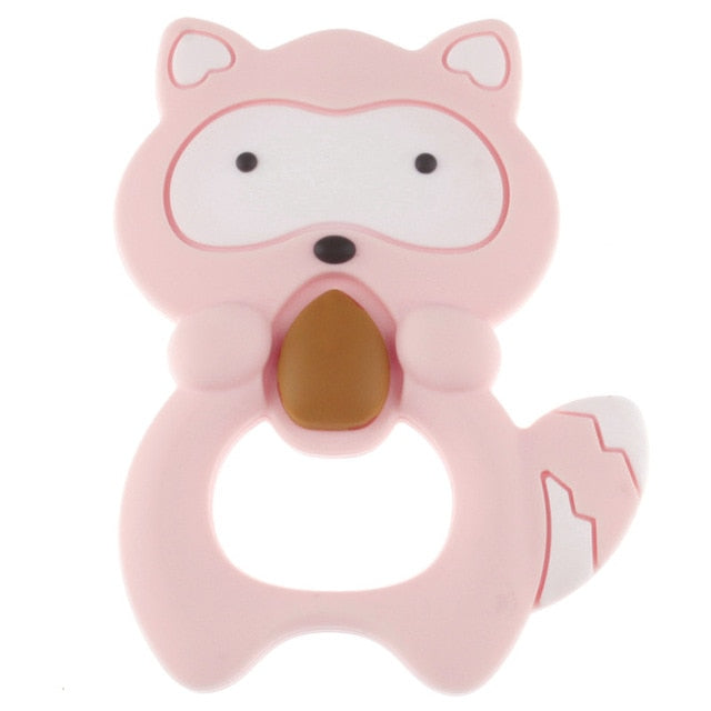 Baby Food Grade Silicone Animal Teething Toy Raccoon -Baby Pink