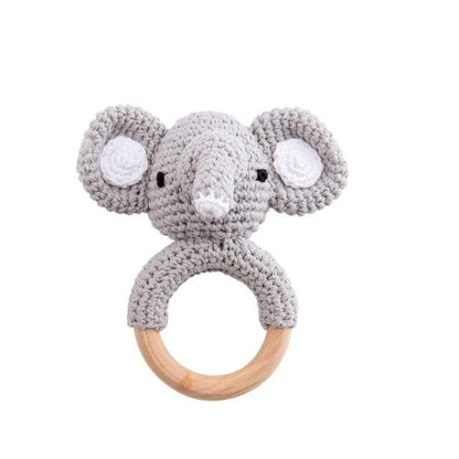 Baby Wooden Animal Teether Ring Rattle Elephant