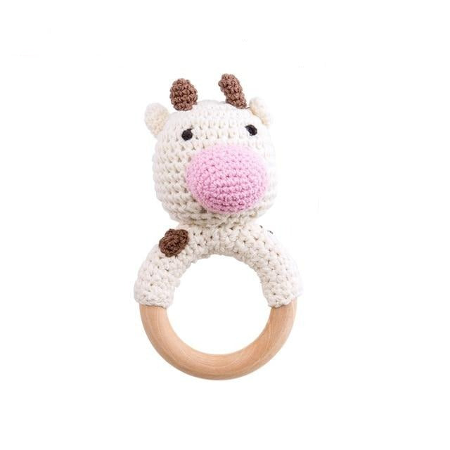 Baby Wooden Animal Teether Ring Rattle Cow