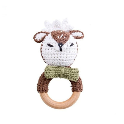 Baby Wooden Animal Teether Ring Rattle Brown-Elk