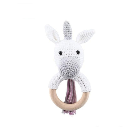 Baby Wooden Animal Teether Ring Rattle Unicorn