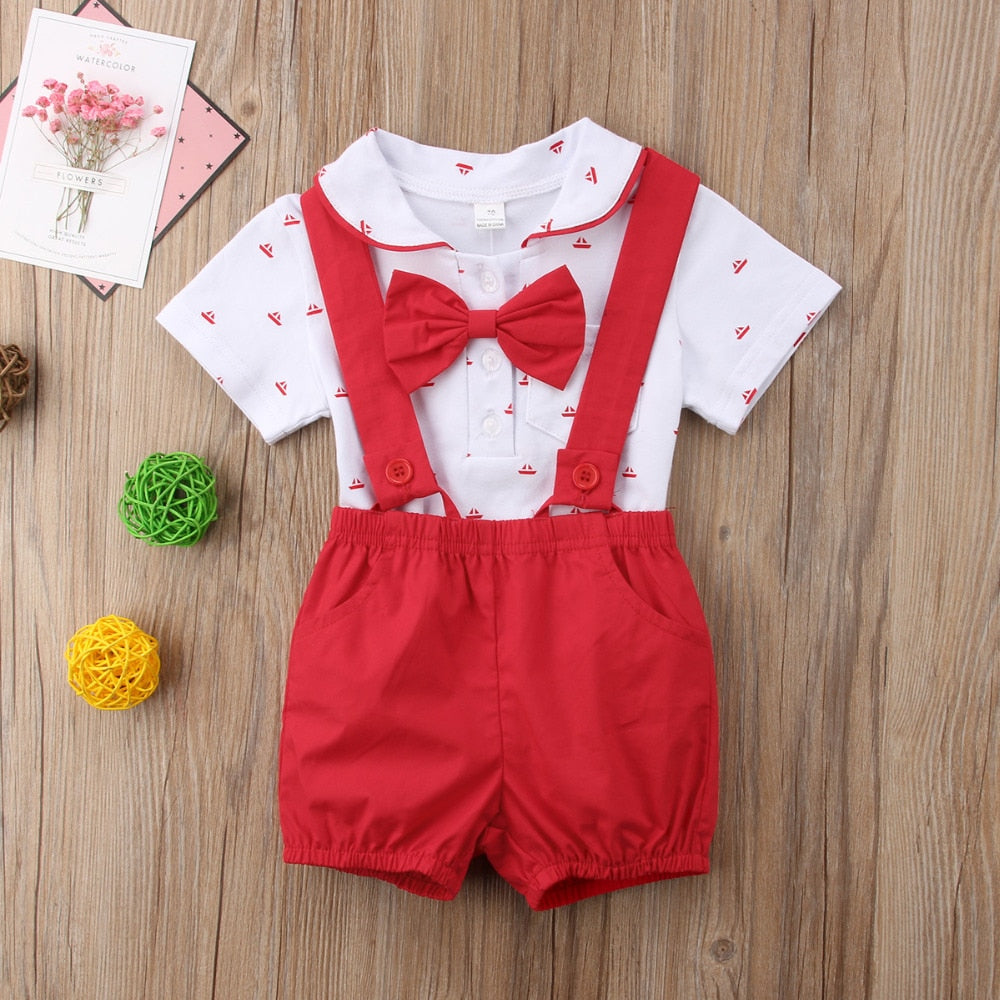 Boys Romper Shirt & Dickie Bow (Age 6M-24M) Red