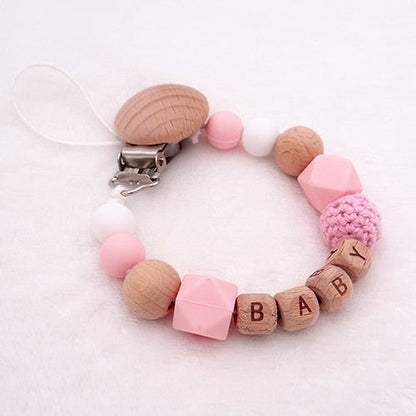 Baby Personalised Wooden Eco Friendly Dummy Clip Pink