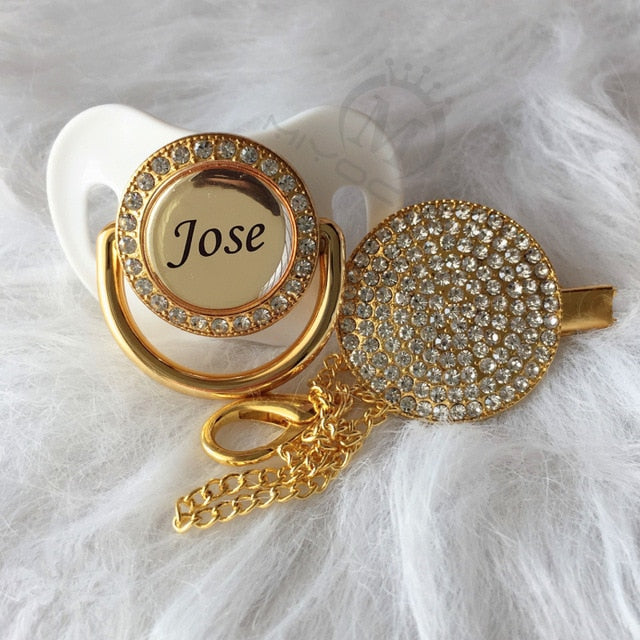 Gold Bling Personalised Pacifier & Dummy Clip White 0-6M