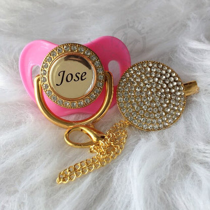 Gold Bling Personalised Pacifier & Dummy Clip Hot Pink 0-6M