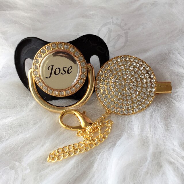 Gold Bling Personalised Pacifier & Dummy Clip Black 0-6M