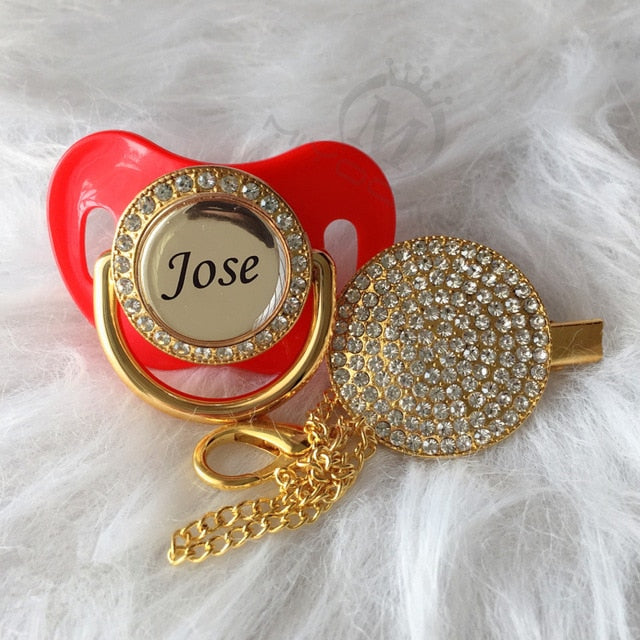 Gold Bling Personalised Pacifier & Dummy Clip Red 0-6M