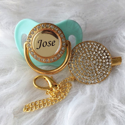 Gold Bling Personalised Pacifier & Dummy Clip Aqua 6-18M