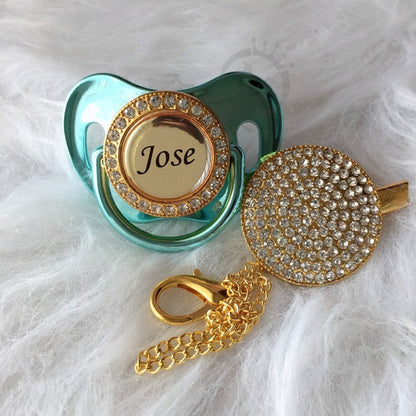 Gold Bling Personalised Pacifier & Dummy Clip Turquoise 0-6M