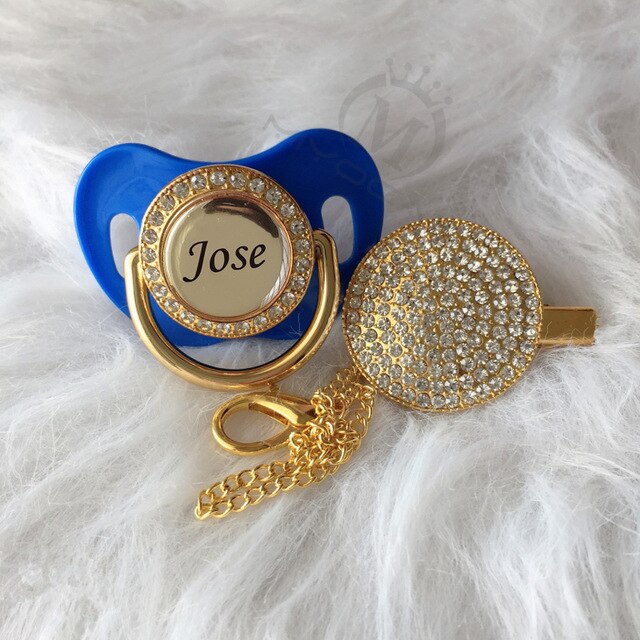 Gold Bling Personalised Pacifier & Dummy Clip Blue 0-6M