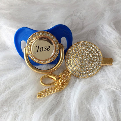 Gold Bling Personalised Pacifier & Dummy Clip Blue 6-18M