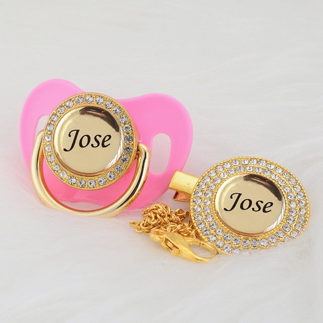 Gold Bling Personalised Pacifier & Dummy Clip Pink 0-6M