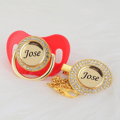 Gold Bling Personalised Pacifier & Dummy Clip Red Jun-18