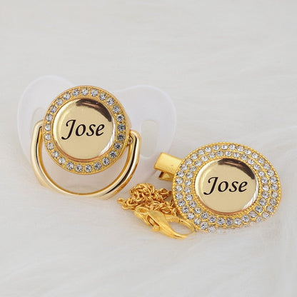 Gold Bling Personalised Pacifier & Dummy Clip White