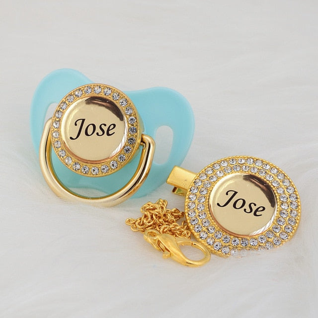 Gold Bling Personalised Pacifier & Dummy Clip Blue 6-18M