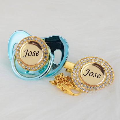 Gold Bling Personalised Pacifier & Dummy Clip Turquoise