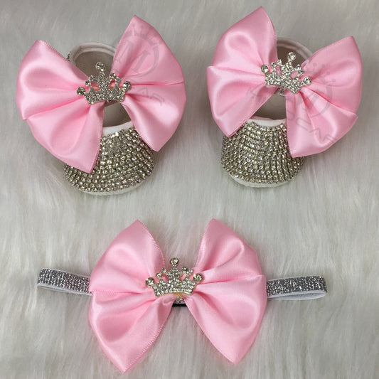 Baby Girls Bling Rhinestone Personalised Booties & Headband (Age Newborn - 24M)