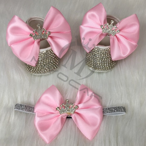 Baby Girls Bling Rhinestone Personalised Booties & Headband (Age Newborn - 24M) Pink