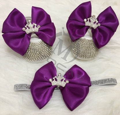 Baby Girls Bling Rhinestone Personalised Booties & Headband (Age Newborn - 24M) Deep Purple