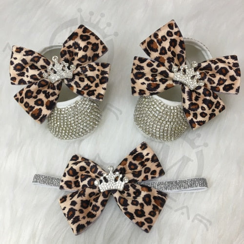 Baby Girls Bling Rhinestone Personalised Booties & Headband (Age Newborn - 24M) Leopard