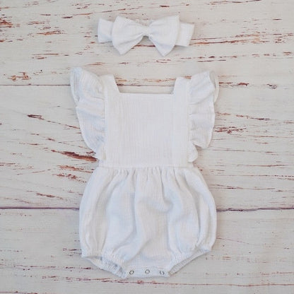 Baby Girls Organic Cotton Romper & Headband (Age 3m-18m) White