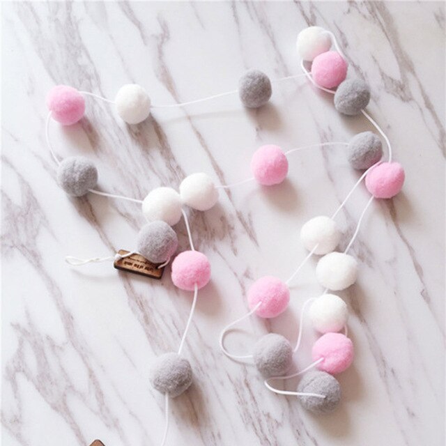 Handmade Wool Felt Cotton Decorative Pom Pom Balls - 200cm 200cm White-Grey-Pink