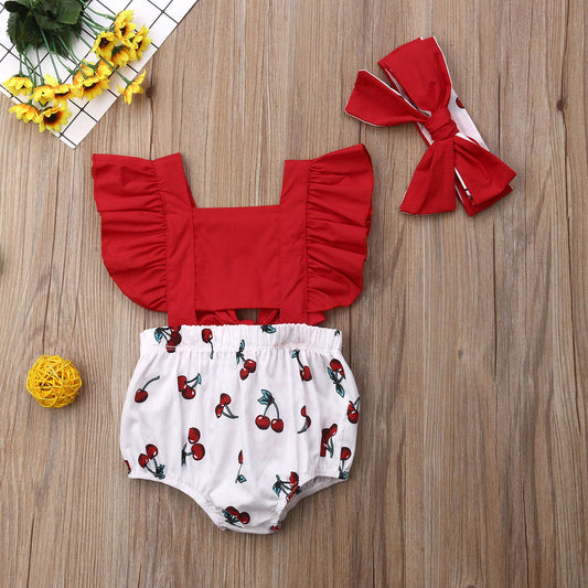 Baby Girls Red Cherry Print Romper & Headband Set (Age 3M-18M)