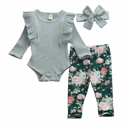 Baby Girls Bodysuit Floral Leggings & Headband Set (Age 6M-24M) Gray