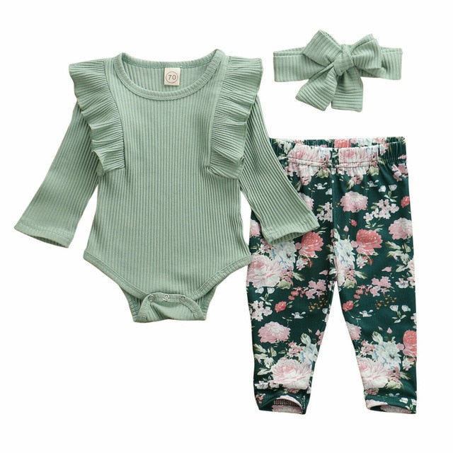 Baby Girls Bodysuit Floral Leggings & Headband Set (Age 6M-24M) Green