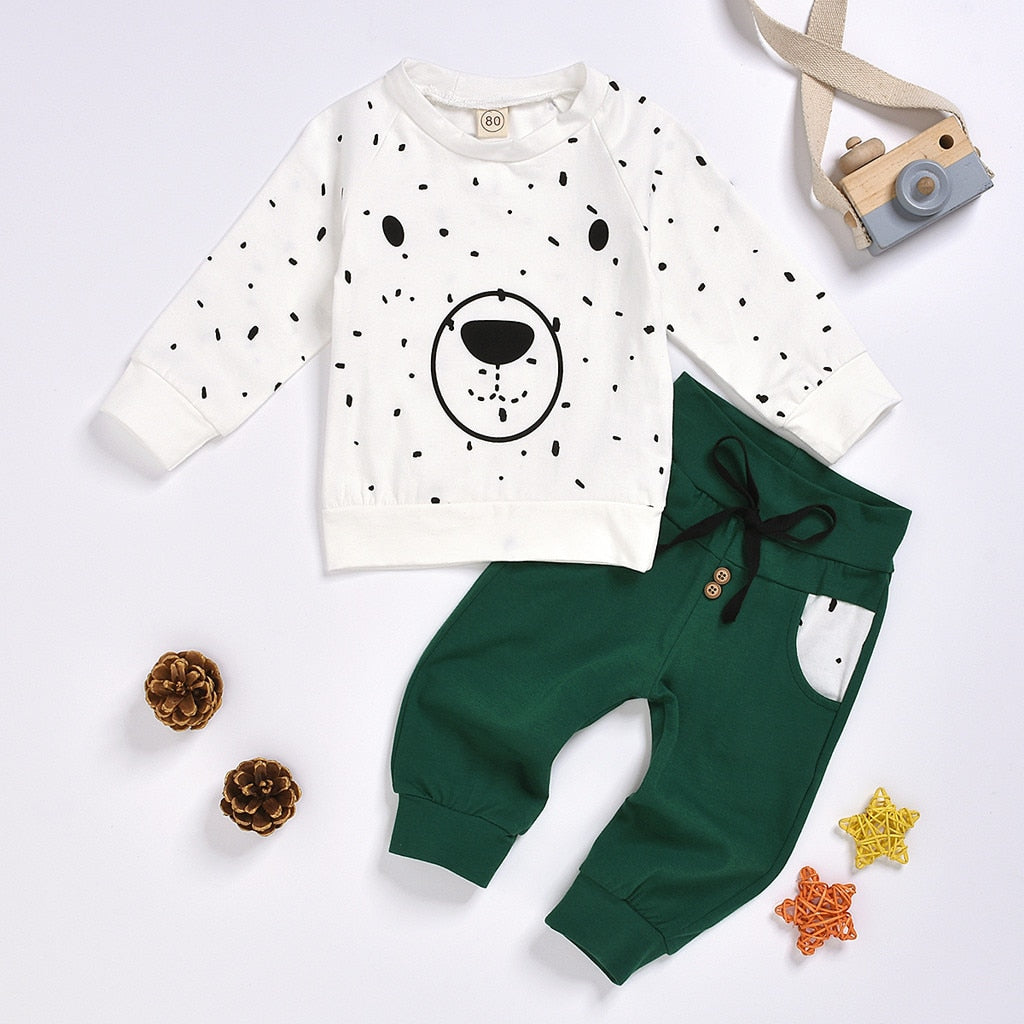 Baby / Toddler Boy Green Jumper & Trousers Set (Age 6M - 4yrs) White