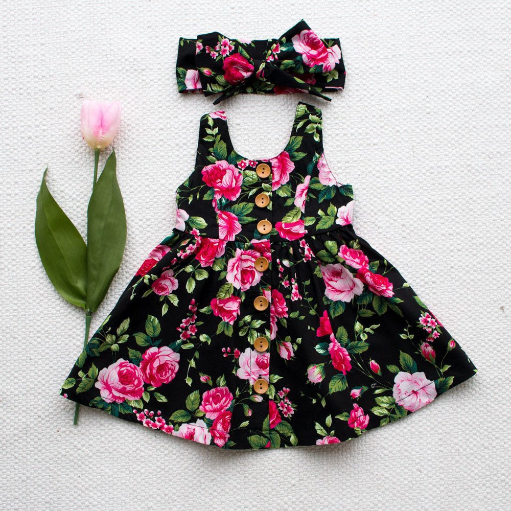 Girls Black Floral Dress & Headband (Age 24M - 6YRS) Black