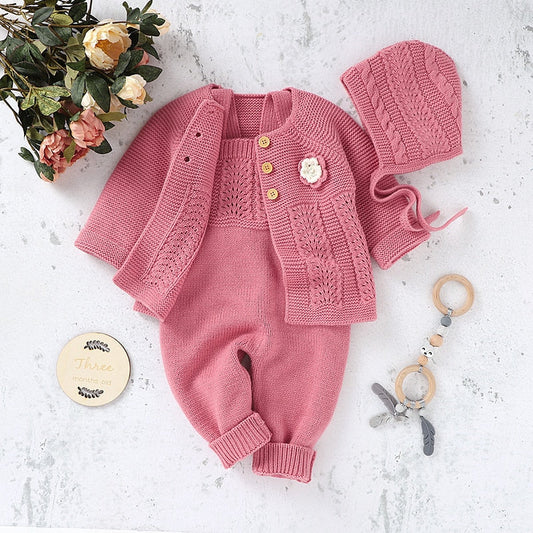 Baby Girls / Boys Knitted Romper Cardigan & Hat Set (Age 3M-18M)