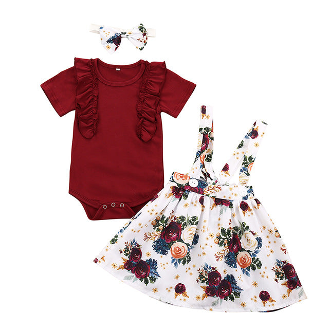 3 Pack - Baby Girls Bodysuit Dress & Headband Set (Age 3M - 24M) Dark Red