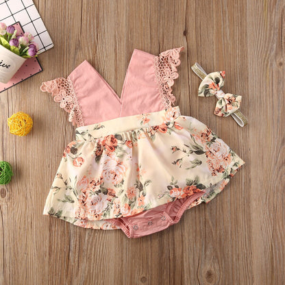 Baby Girls Pink Floral Print Romper Dress (Age 6m-24m)