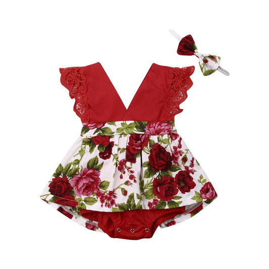 Baby Girls Burgundy Floral Romper & Headband (Age 6M-24m)