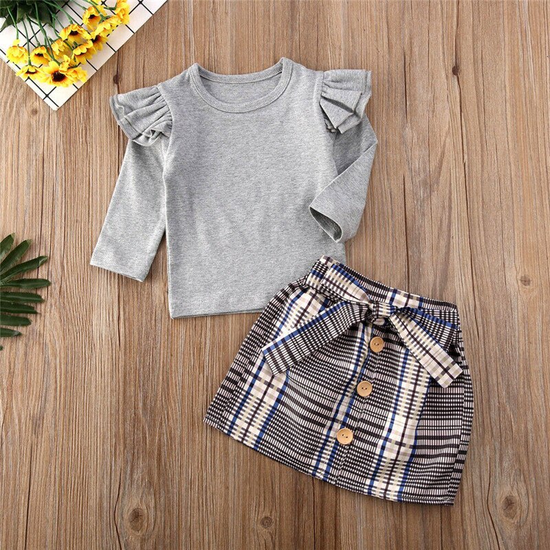 Baby / Toddler Girls Grey Top & Plaid Skirt Set (Age 6M-4YRS)