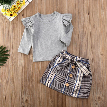 Baby / Toddler Girls Grey Top & Plaid Skirt Set (Age 6M-4YRS)