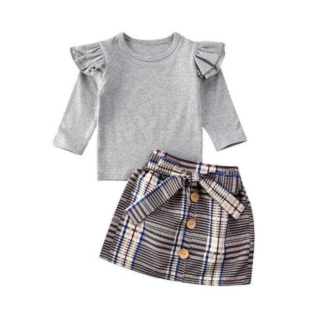 Baby / Toddler Girls Grey Top & Plaid Skirt Set (Age 6M-4YRS) Grey