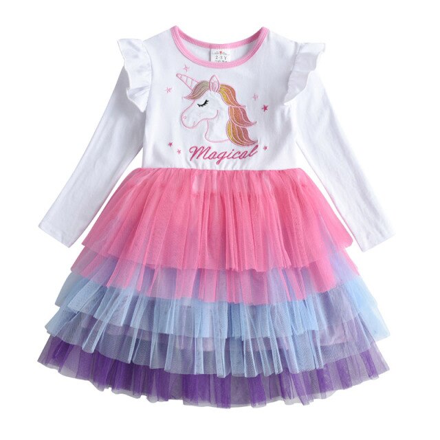 Girls White Multi Unicorn Layered Tulle Dress (Age 3Y-8Y)