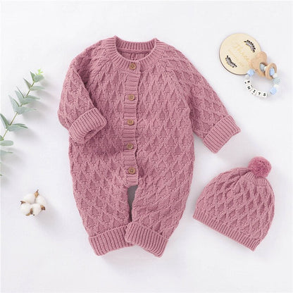 Baby Girls / Boys Knitted Jumpsuit & Beanie Hat (Age 3m-18m)