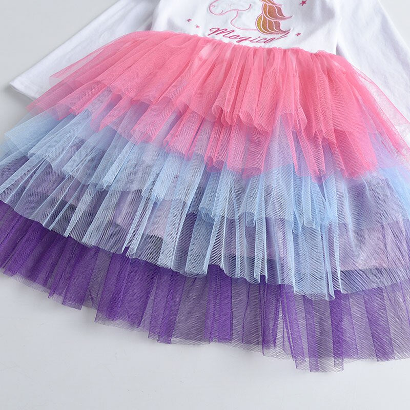 Girls White Multi Unicorn Layered Tulle Dress (Age 3Y-8Y)