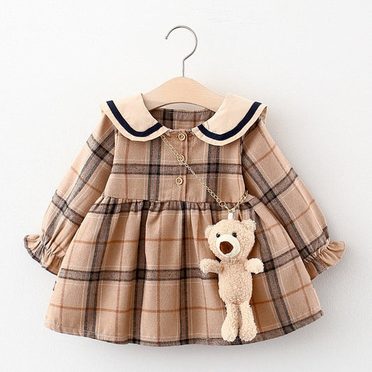 Baby Girls Check Long Sleeve Dress & Plush Teddy Bear (Age 9-24m)