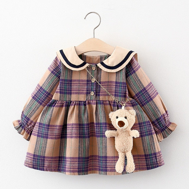 Baby Girls Check Long Sleeve Dress & Plush Teddy Bear (Age 9-24m) Purple